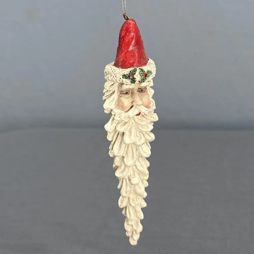 VTG Hand Painted Santa Face Ornament set 3 Red Hat Folk Art Moon Stars Resin 90s